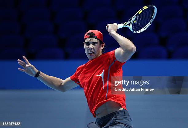 Rafael Nadal of Spain in action in a practice session during previews for the ATP World Tour Finals Tennis at the O2 Arena on November 18, 2011 in...