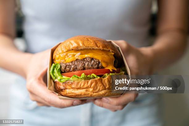 midsection of woman holding burger - hamburger photos et images de collection