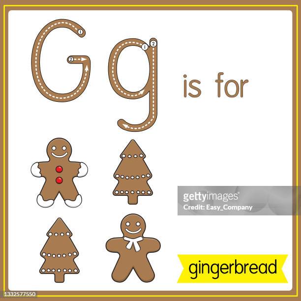 vector illustration for learning the alphabet for children with cartoon images. letter g is for gingerbread. - gingerbread house cartoon stock illustrations