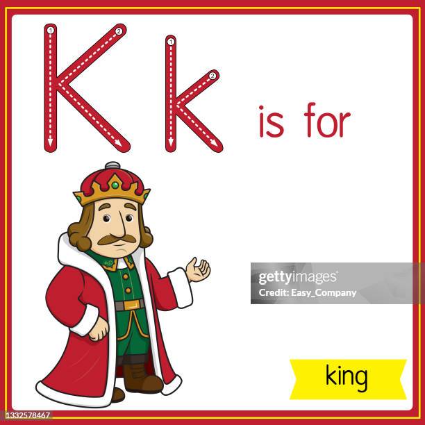 vector illustration for learning the alphabet for children with cartoon images. letter k is for king. - fairytale alphabet stock illustrations