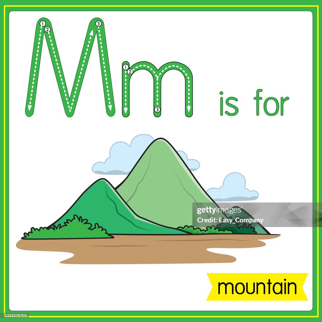 Vector illustration for learning the alphabet For children with cartoon images. Letter M is for mountain.
