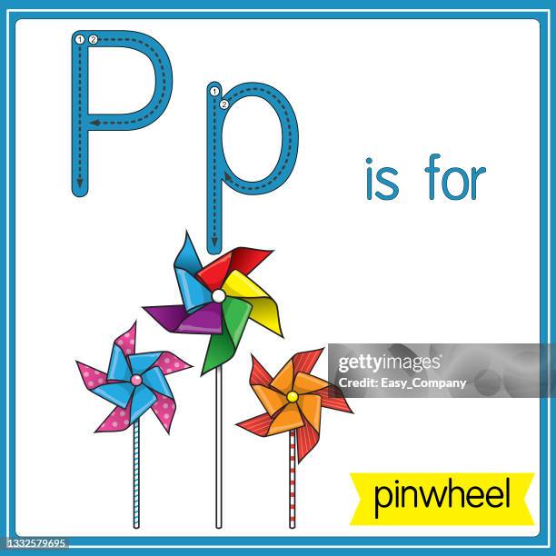 ilustraciones, imágenes clip art, dibujos animados e iconos de stock de ilustración vectorial para aprender el alfabeto para niños con imágenes de dibujos animados. la letra p es para molinete. - class p