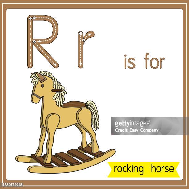 vector illustration for learning the alphabet for children with cartoon images. letter r is for rocking horse. - flash card stock illustrations