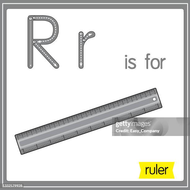 vector illustration for learning the alphabet for children with cartoon images. letter r is for ruler. - meter unit of length stock illustrations