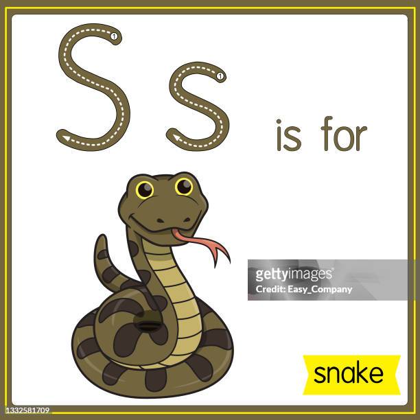 stockillustraties, clipart, cartoons en iconen met vector illustration for learning the alphabet for children with cartoon images. letter s is for snake. - brown snake