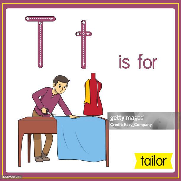 ilustrações de stock, clip art, desenhos animados e ícones de vector illustration for learning the alphabet for children with cartoon images. letter t is for tailor. - feito à medida condição