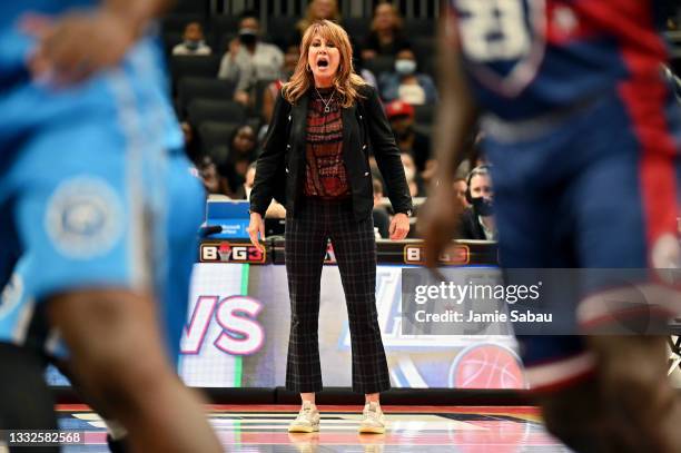 Coach Nancy Lieberman of the Power calls out instructions during the game against Tri State during BIG3 - Week Five at the Fiserv Forum on August 05,...