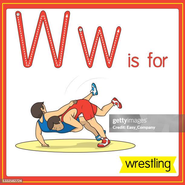 stockillustraties, clipart, cartoons en iconen met vector illustration for learning the alphabet for children with cartoon images. letter w is for wrestling. - mixed martial arts