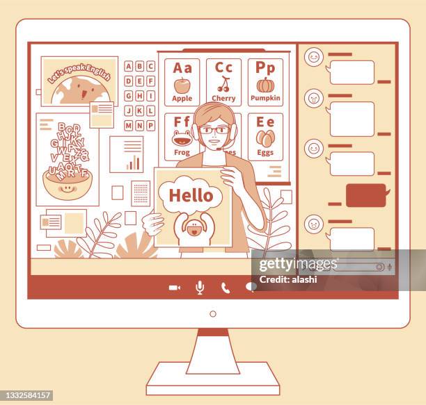 young female teacher (tutor) with headphones teaching online courses on a computer monitor, e-learning concept - zoom background stock illustrations