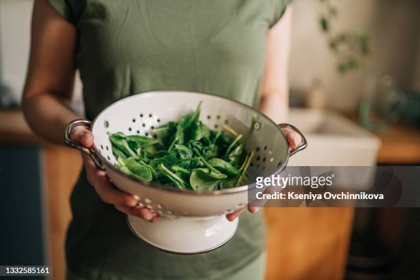 green vegan breakfast meal in bowl with spinach, arugula, avocado, seeds and sprouts. girl in leggins holding plate with hands visible, top view. clean eating, dieting, vegan food concept - leaf vegetable stock pictures, royalty-free photos & images