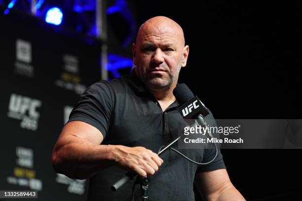 President Dana White looks on during the UFC 265 press conference at at Toyota Center on August 05, 2021 in Houston, Texas.