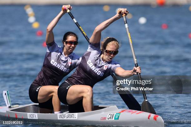 Laurence Vincent-Lapointe and Katie Vincent of Team Canada compete during the Women's Canoe Double 500m Heat 1 on day fourteen of the Tokyo 2020...