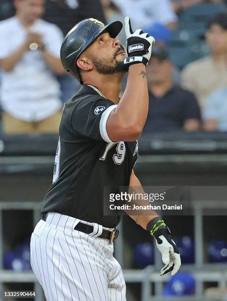 Jose Abreu of the Chicago White Sox celebrates hitting a solo home run in the 1st inning against the Kansas City Royals at Guaranteed Rate Field on...