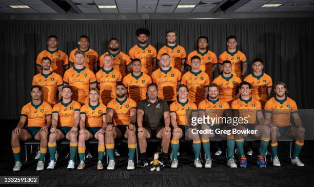 The Australia Wallabies pose for their team photo before captain's run at Mt Smart Stadium on August 06, 2021 in Auckland, New Zealand.