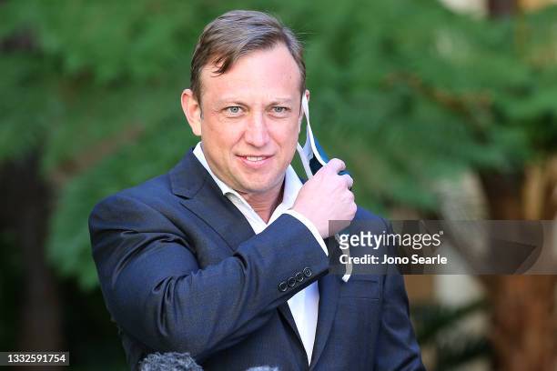 Deputy Premier Steven Miles speaks at a press conference at Parliament house on August 06, 2021 in Brisbane, Australia. Queensland recorded 10 new...