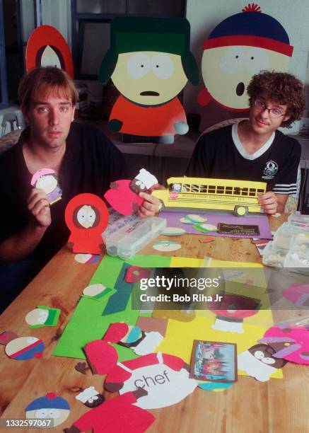 South Park creators Matt Stone and Trey Parker, at their studio office, August 19, 1997 in Los Angeles, California.