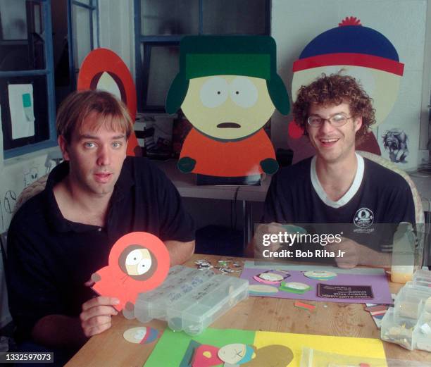 South Park creators Matt Stone and Trey Parker, at their studio office, August 19, 1997 in Los Angeles, California.