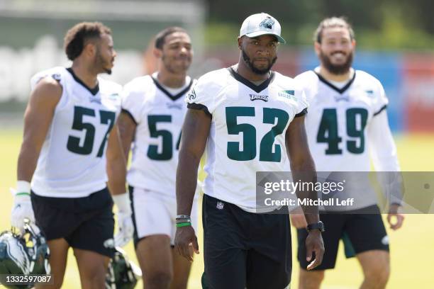 Davion Taylor of the Philadelphia Eagles looks on during training camp at the NovaCare Complex on August 5, 2021 in Philadelphia, Pennsylvania.