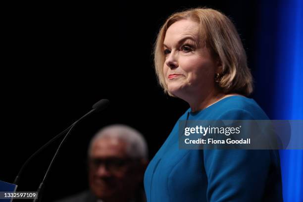 National Party leader Judith Collins speaks at the launch of the National Party Conference at Vodafone Events Centre in Manukau on August 06, 2021 in...