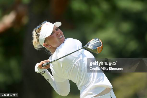 Nanna Koerstz Madsen of Team Denmark plays her shot from the fifth tee during the third round of the Women's Individual Stroke Play on day fourteen...