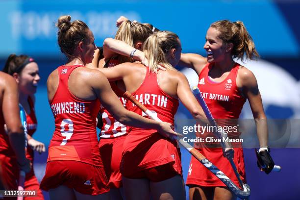 Susannah Townsend, Hannah Martin, Shona McCallin and Lily Owsley of Team Great Britain celebrate their first goal scored by Elena Sian Rayer during...