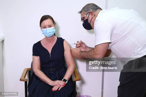 Queensland Health Minister Yvette D'Ath gets her second dose of the AstraZeneca vaccine on August 06, 2021 in Brisbane, Australia. Queensland...