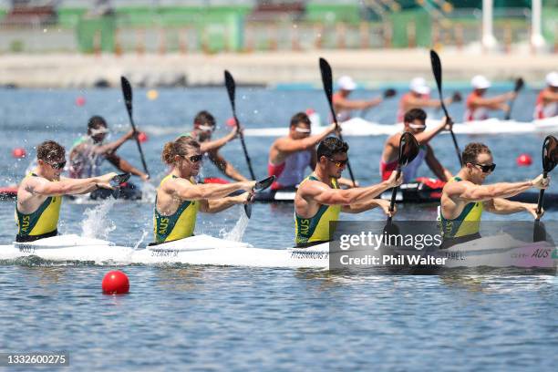 Lachlan Tame, Riley Fitzsimmons, Murray Stewart and Jordan Wood of Team Australia competes during the Men's Kayak Four 500m Heat 1 on day fourteen of...