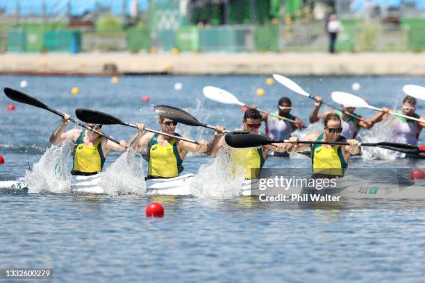 Lachlan Tame, Riley Fitzsimmons, Murray Stewart and Jordan Wood of Team Australia competes during the Men's Kayak Four 500m Heat 1 on day fourteen of...