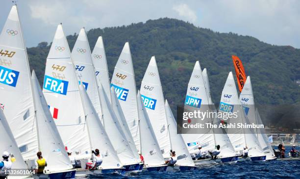 General view ofthe Men's 470 race 9 on day eleven of the Tokyo 2020 Olympic Games at Enoshima Yacht Harbour on August 3, 2021 in Fujisawa, Kanagawa,...