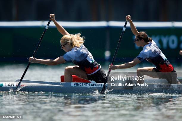 Katie Vincent and Laurence Vincent-Lapointe of Team Canada compete during the Women's Canoe Double 500m Quarterfinal 1 on day fourteen of the Tokyo...
