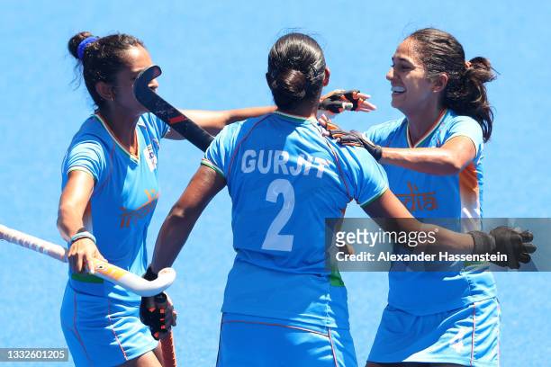 Gurjit Kaur of Team India celebrates scoring their second goal with teammates during the Women's Bronze medal match between Great Britain and India...