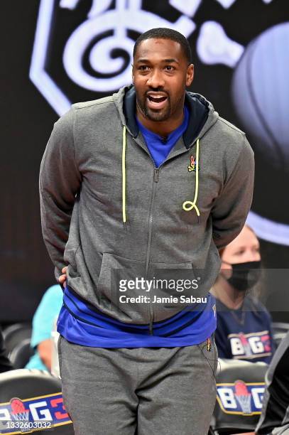 Coach Gilbert Arenas of the Enemies looks on during the game against the Aliens during BIG3 - Week Five at the Fiserv Forum on August 05, 2021 in...