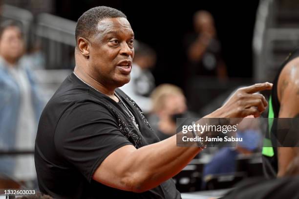 Coach Rick Mahorn of the Aliens calls out instructions during the game against the Enemies during BIG3 - Week Five at the Fiserv Forum on August 05,...