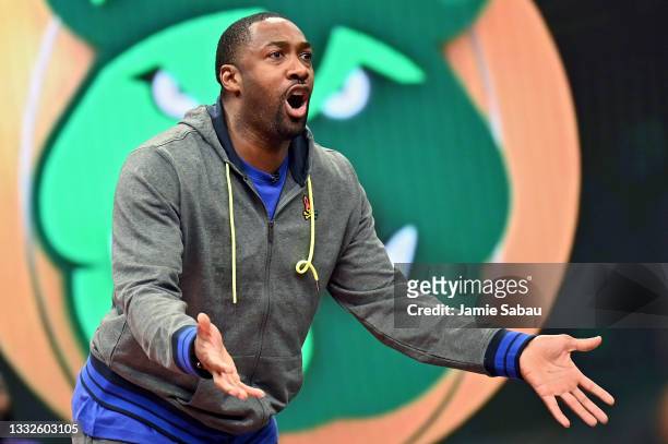 Coach Gilbert Arenas of the Enemies reacts during the game against the Aliens during BIG3 - Week Five at the Fiserv Forum on August 05, 2021 in...