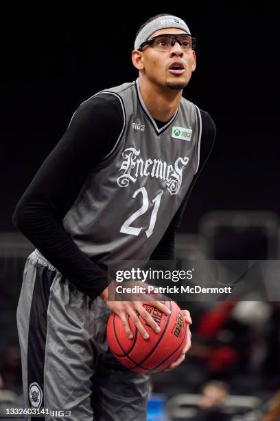 Isaiah Austin of the Enemies attempts a free throw during the game against the Aliens during BIG3 - Week Five at the Fiserv Forum on August 05, 2021...