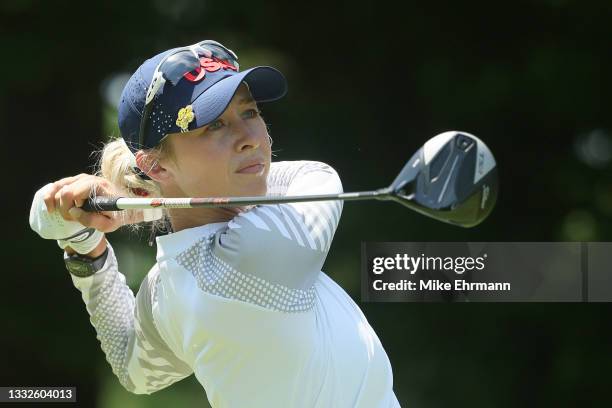 Nelly Korda of Team United States plays her shot from the 11th tee during the third round of the Women's Individual Stroke Play on day fourteen of...