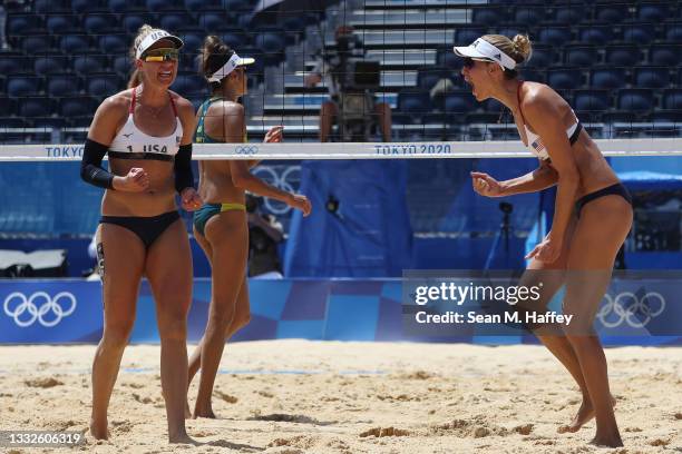 April Ross and Alix Klineman of Team United States celebrate while competing against Team Australia during the Women's Gold Medal Match on day...