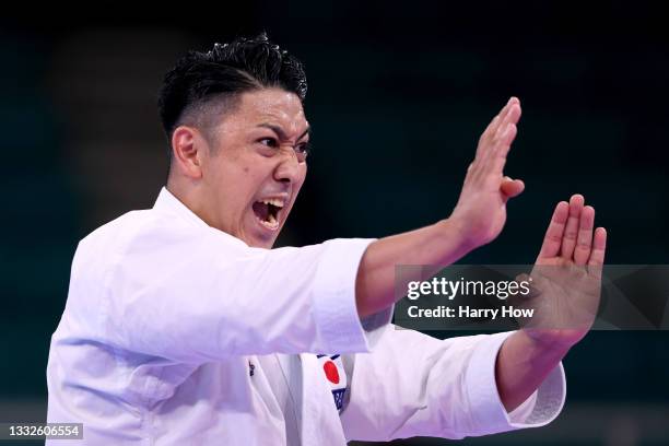 Ryo Kiyuna of Team Japan competes during the Men’s Karate Kata Ranking Round on day fourteen of the Tokyo 2020 Olympic Games at Nippon Budokan on...