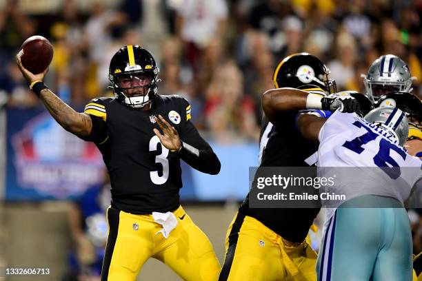 Dwayne Haskins of the Pittsburgh Steelers makes a pass in the second half during the 2021 NFL preseason Hall of Fame Game against the Dallas Cowboys...