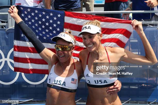 April Ross and Alix Klineman of Team United States celebrate after defeating Team Australia during the Women's Gold Medal Match on day fourteen of...