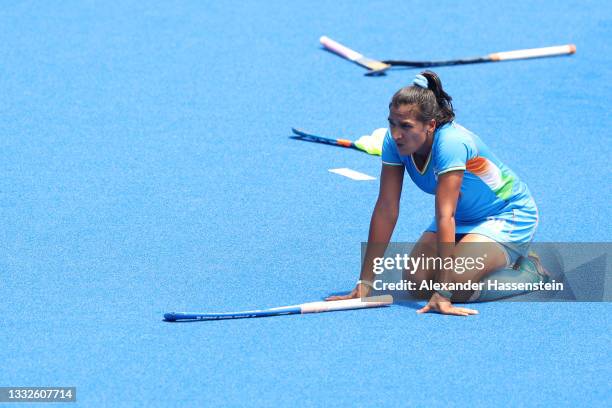 Rani of Team India reacts after losing the Women's Bronze medal match between Great Britain and India on day fourteen of the Tokyo 2020 Olympic Games...