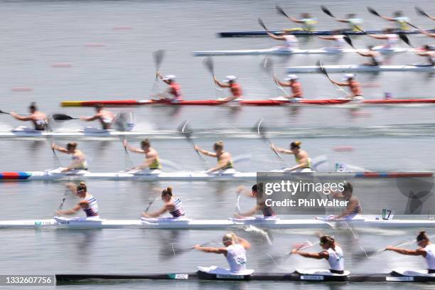 Competitors race in the Women's Kayak Four 500m Quarterfinal 1 on day fourteen of the Tokyo 2020 Olympic Games at Sea Forest Waterway on August 06,...