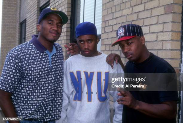 Tip and Ali Shaheed Muhammad of the hip hop group 'A Tribe Called Quest' and Chuck D of Public Enemy pose for a portrait session on August 14, 1991...
