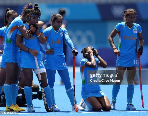 Navneet Kaur, Nisha, Salima Tete, and Vandana Katariya of Team India react following their loss in the Women's Bronze medal match between Great...