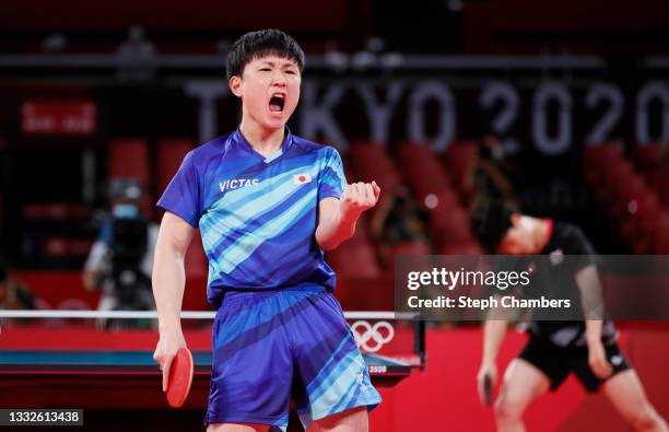 Harimoto Tomokazu of Team Japan reacts during his Men's Team Bronze Medal table tennis match on day fourteen of the Tokyo 2020 Olympic Games at Tokyo...