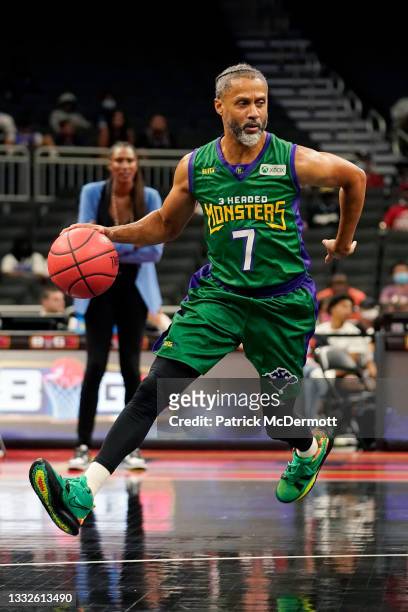 Mahmoud Abdul-Rauf of the 3 Headed Monsters dribbles the ball during the game against the Triplets during BIG3 - Week Five at the Fiserv Forum on...