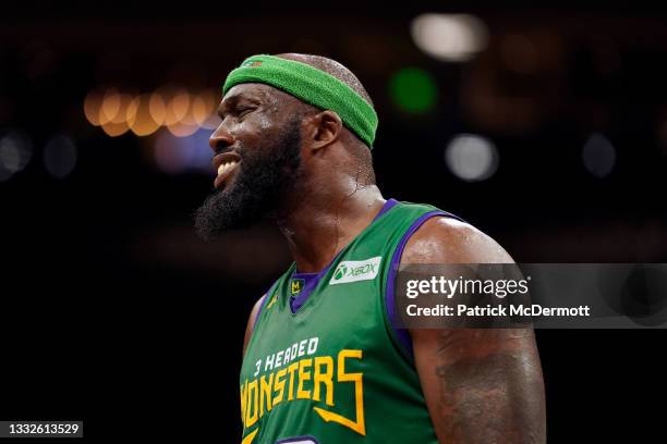 Reggie Evans of the 3 Headed Monsters reacts during the game against the Triplets during BIG3 - Week Five at the Fiserv Forum on August 05, 2021 in...