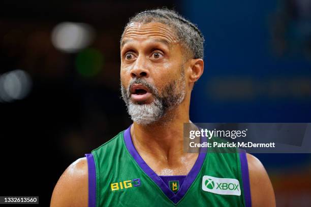 Mahmoud Abdul-Rauf of the 3 Headed Monsters reacts during the game against the Triplets during BIG3 - Week Five at the Fiserv Forum on August 05,...