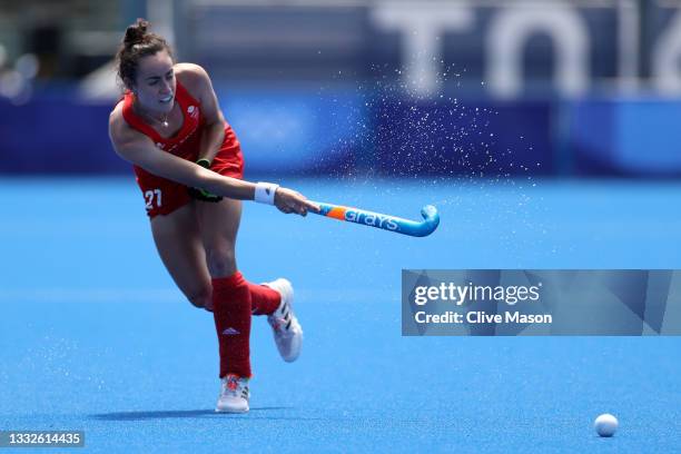 Fiona Anne Crackles of Team Great Britain passes the ball during the Women's Bronze medal match between Great Britain and India on day fourteen of...