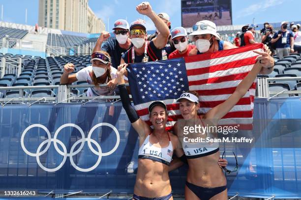 April Ross and Alix Klineman of Team United States celebrate after defeating Team Australia during the Women's Gold Medal Match on day fourteen of...